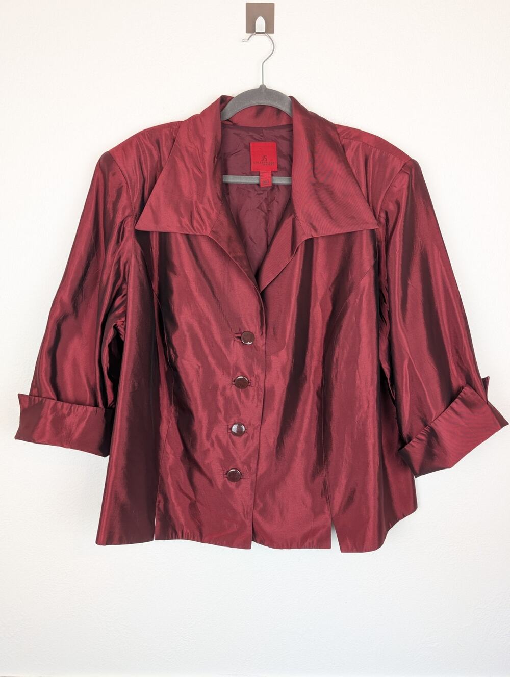 JS Collections Jacket Evening Iridescent Shiny Button Elegant Chic Red Size 24